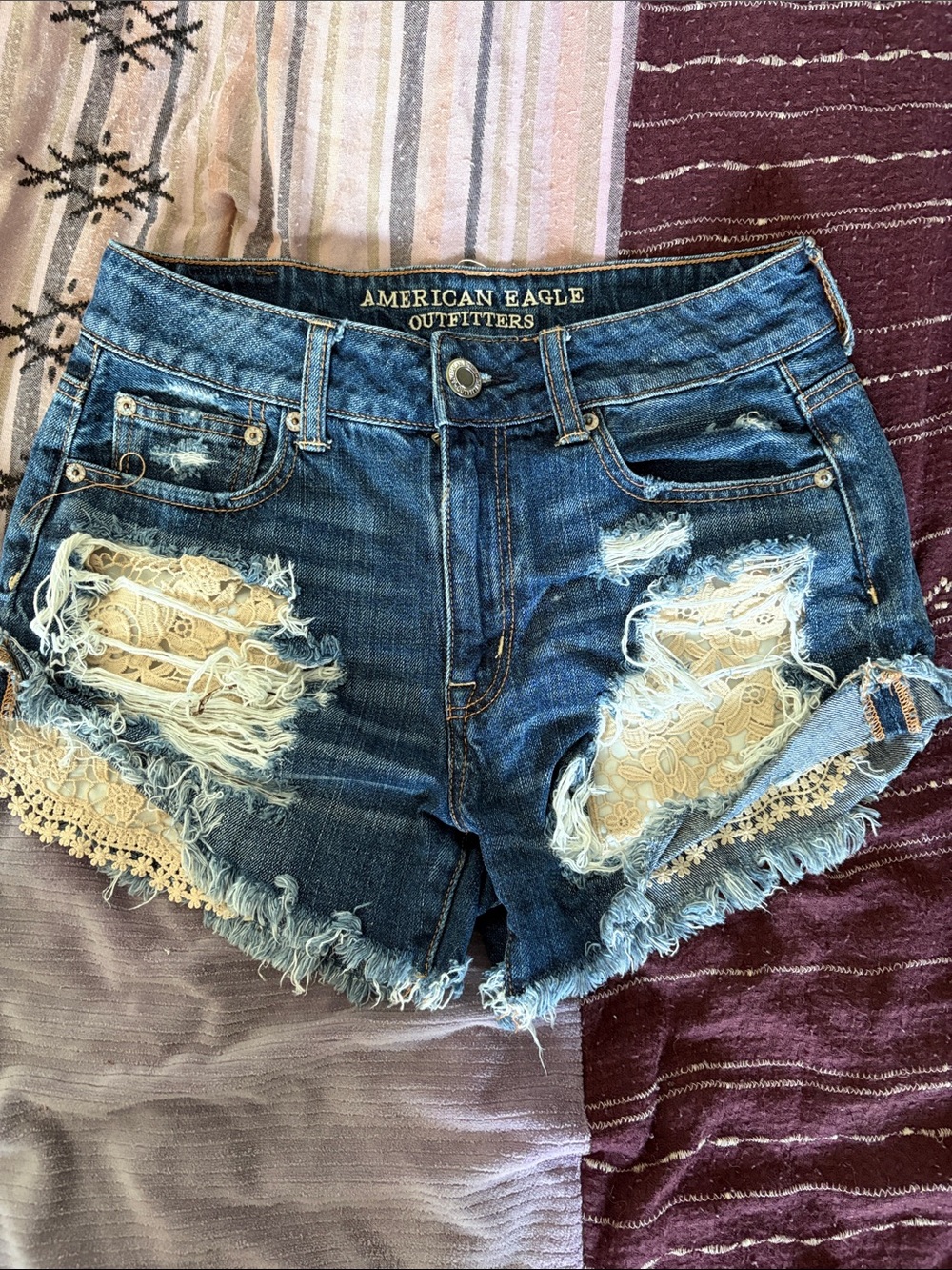 American Eagle Outfitters Blue Distressed Denim Shorts with Cream Lace